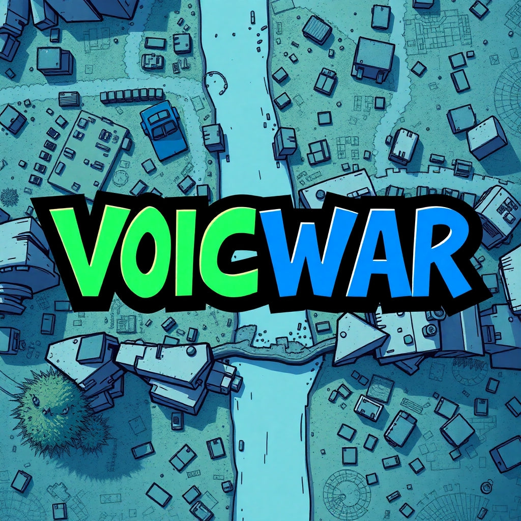 Cartoon word VOICWAR in green and blue letters over a cartoon map. 