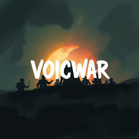 Hikers on a dark ridge back lite by an orange moon. Silhouettes under the word VOICWAR in white. 