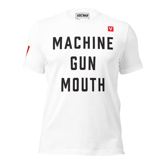 Machine Gun Mouth anti-disinformation satire protest t-shirt — VOICWAR